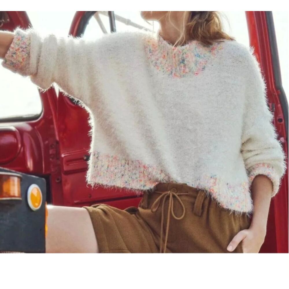 Free People Soft Cream Sweater with Colorful Trim